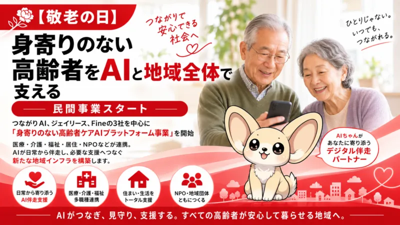 【敬老の日】身寄りのない高齢者をAIと地域全体で支える民間事業スタート～つながりAI、ジェイリース、ファインの3社を中心に「身寄りのない高齢者ケアAIプラットフォーム事業」を開始～